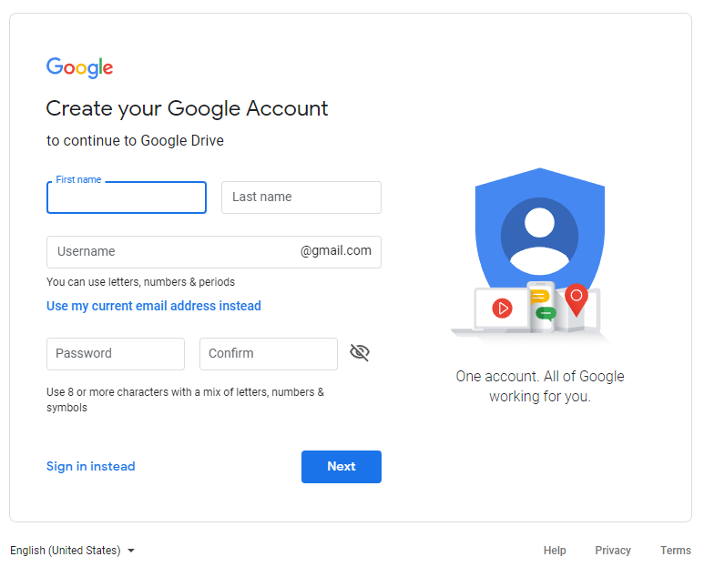 Setup showing how to create a google drive account
