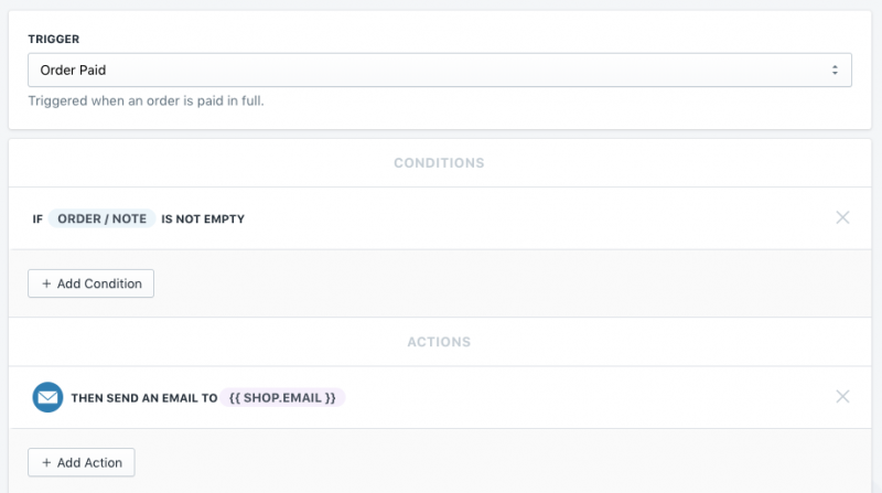 Setup showing how to send an email with an order note in Shopify using Arigato