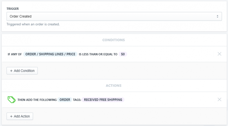 Setup showing how to automatically tag orders that received free shipping in Shopify using Arigato