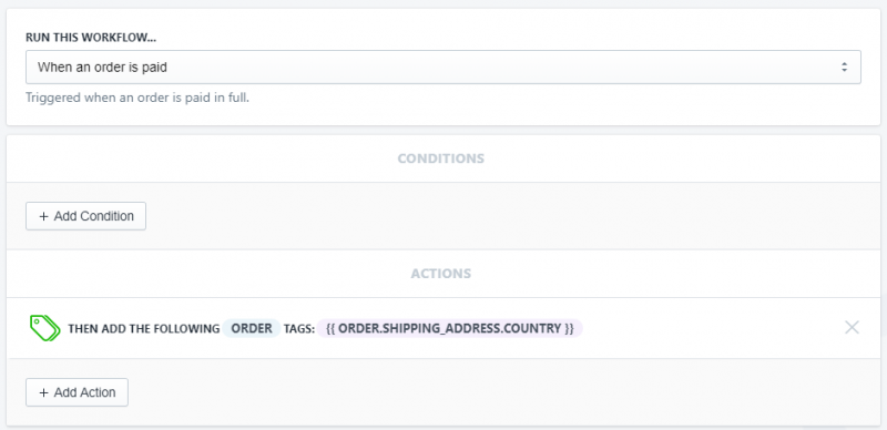 Setup showing how to Tag orders by country in Shopify using Arigato Automation