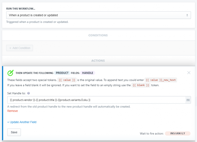 Setup showing how to create Custom product URL patterns in Shopify using Arigato Automation